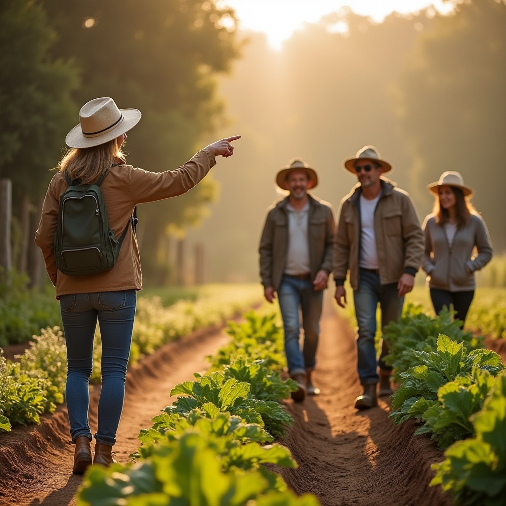 Visitantes recorriendo un huerto en una finca rústica durante una experiencia de agroturismo