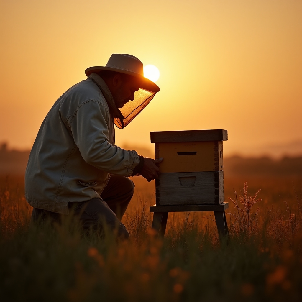 Apicultor instalando colmenas de madera en un campo rústico al atardecer