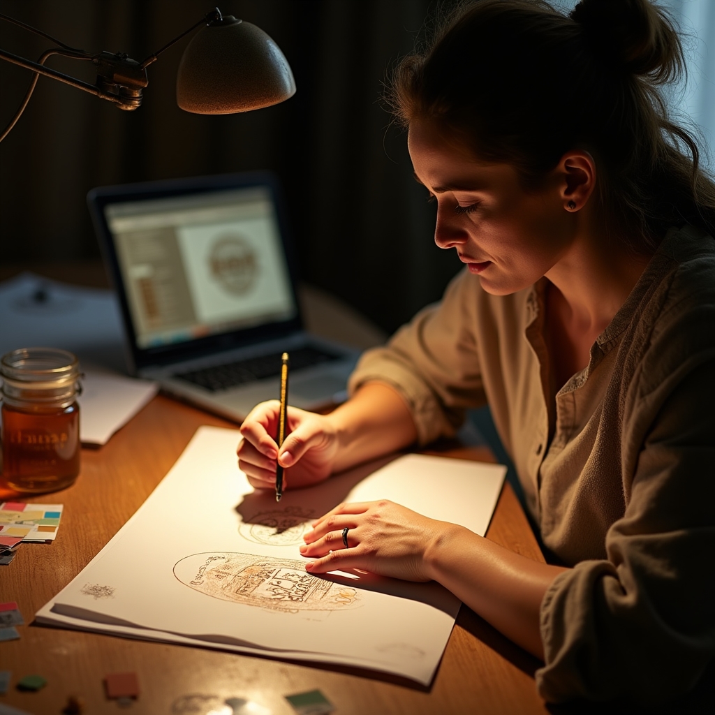 Diseñador revisando bocetos de etiquetas artesanales para productos de una finca sobre una mesa de trabajo