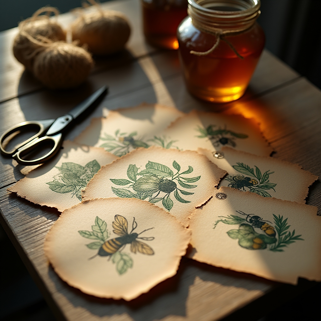 Etiquetas de productos artesanales de una marca local extendidas sobre una mesa de madera