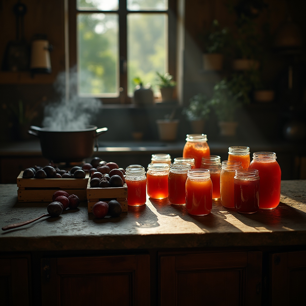 Cocina rural con frascos de conserva y frutas recién recolectadas sobre una mesa de madera