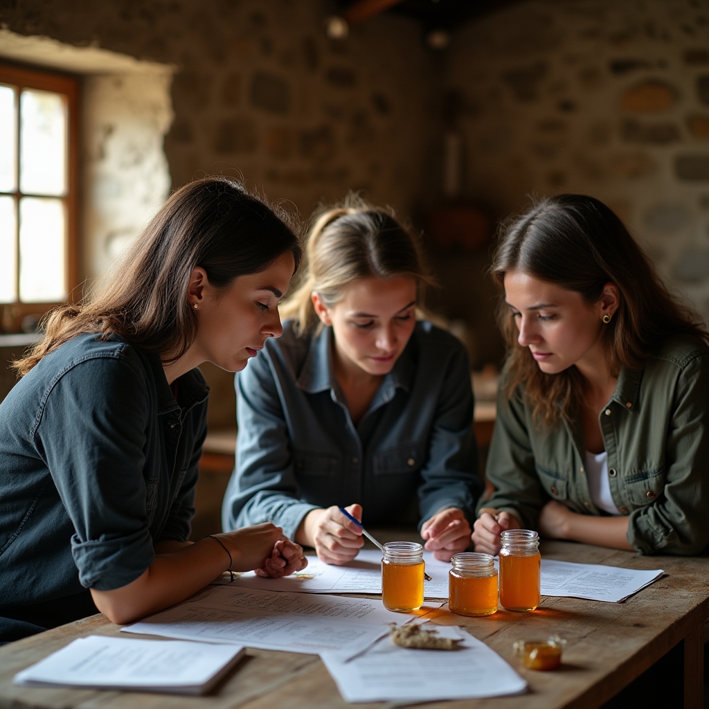 Equipo de formación revisando materiales de curso en una mesa de trabajo