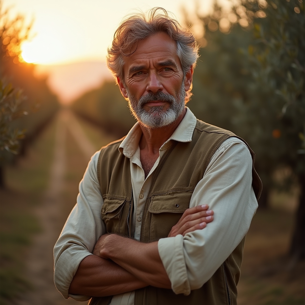 Retrato de un propietario de finca rústica junto a un olivar al atardecer
