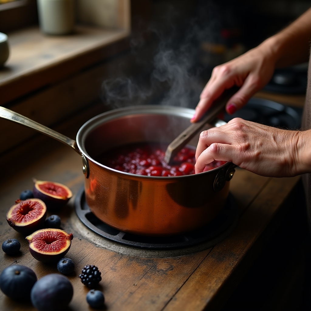 Manos preparando mermelada casera en una cocina rural con frutas frescas
